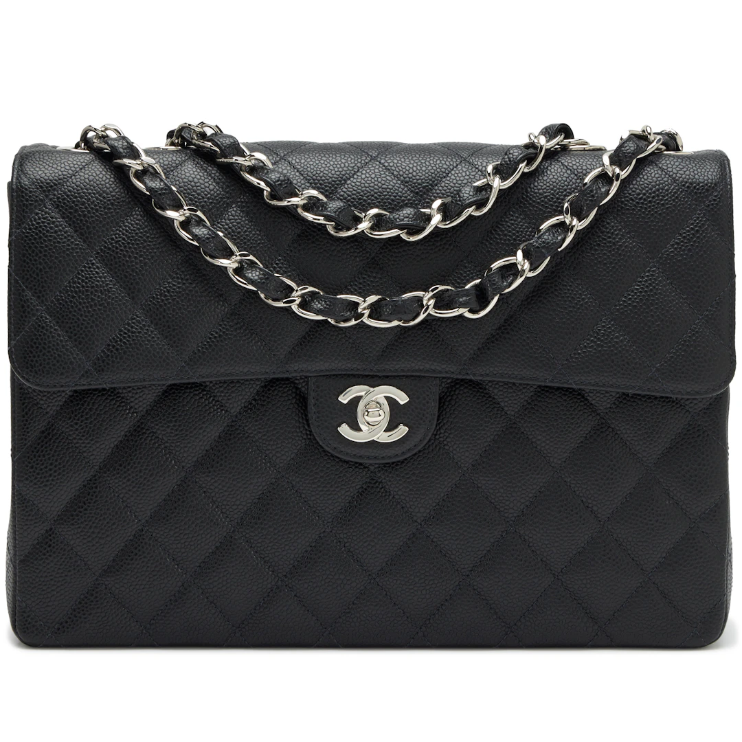 Black Quilted Caviar Square Classic Jumbo Flap Bag Silver Hardware, 2004-2005