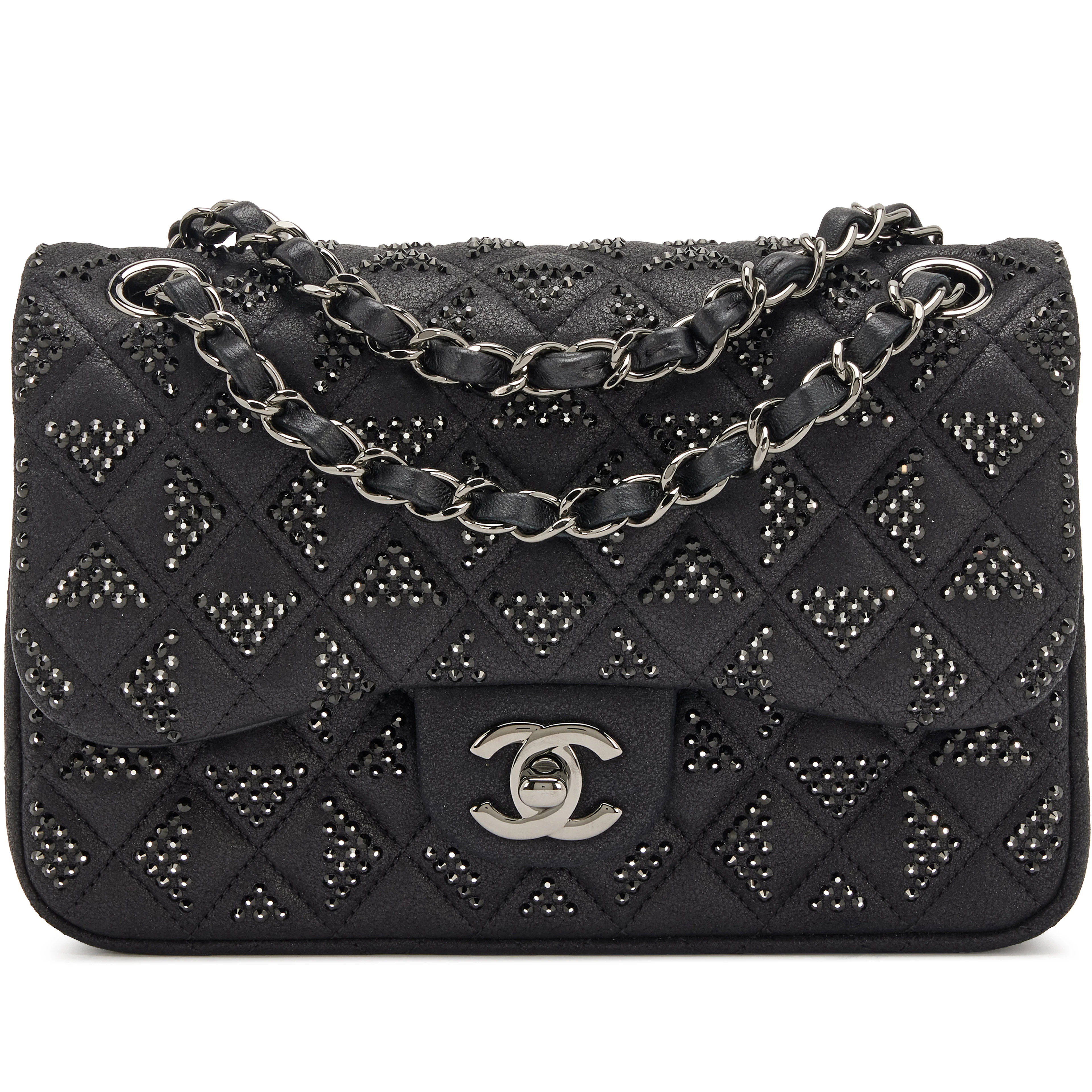 Multicolor Iridescent Crystal Strass and Black Quilted Goatskin Mini