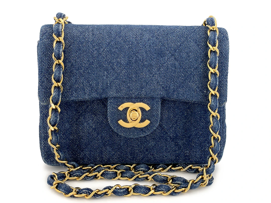 Vintage Blue Quilted Denim Square Mini Flap Bag Gold Hardware, 1990