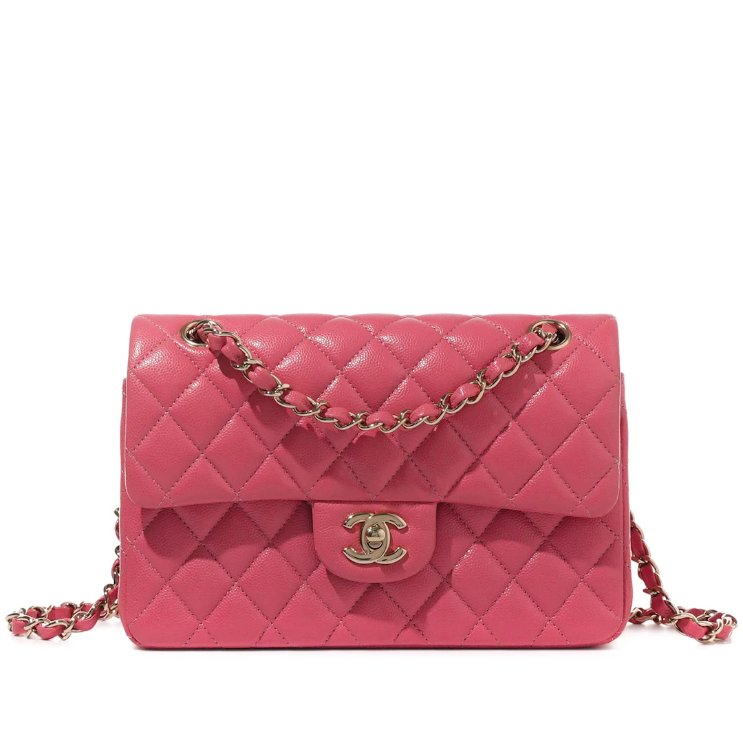 Pink Quilted Caviar Timeless Small Double Flap Bag Gold Hardware, 2020