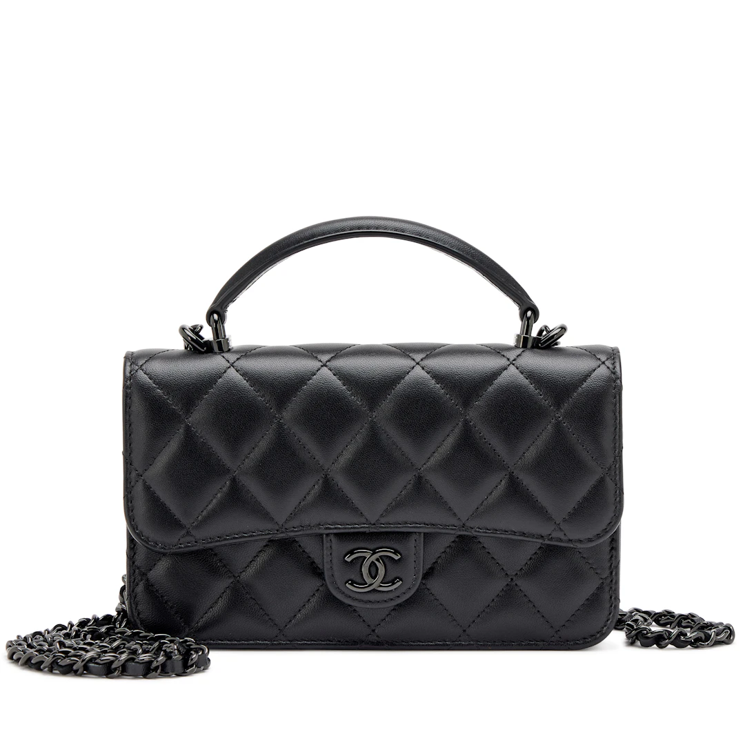 So Black Quilted Lambskin Phone Holder Flap Bag with Black Hardware, 2024