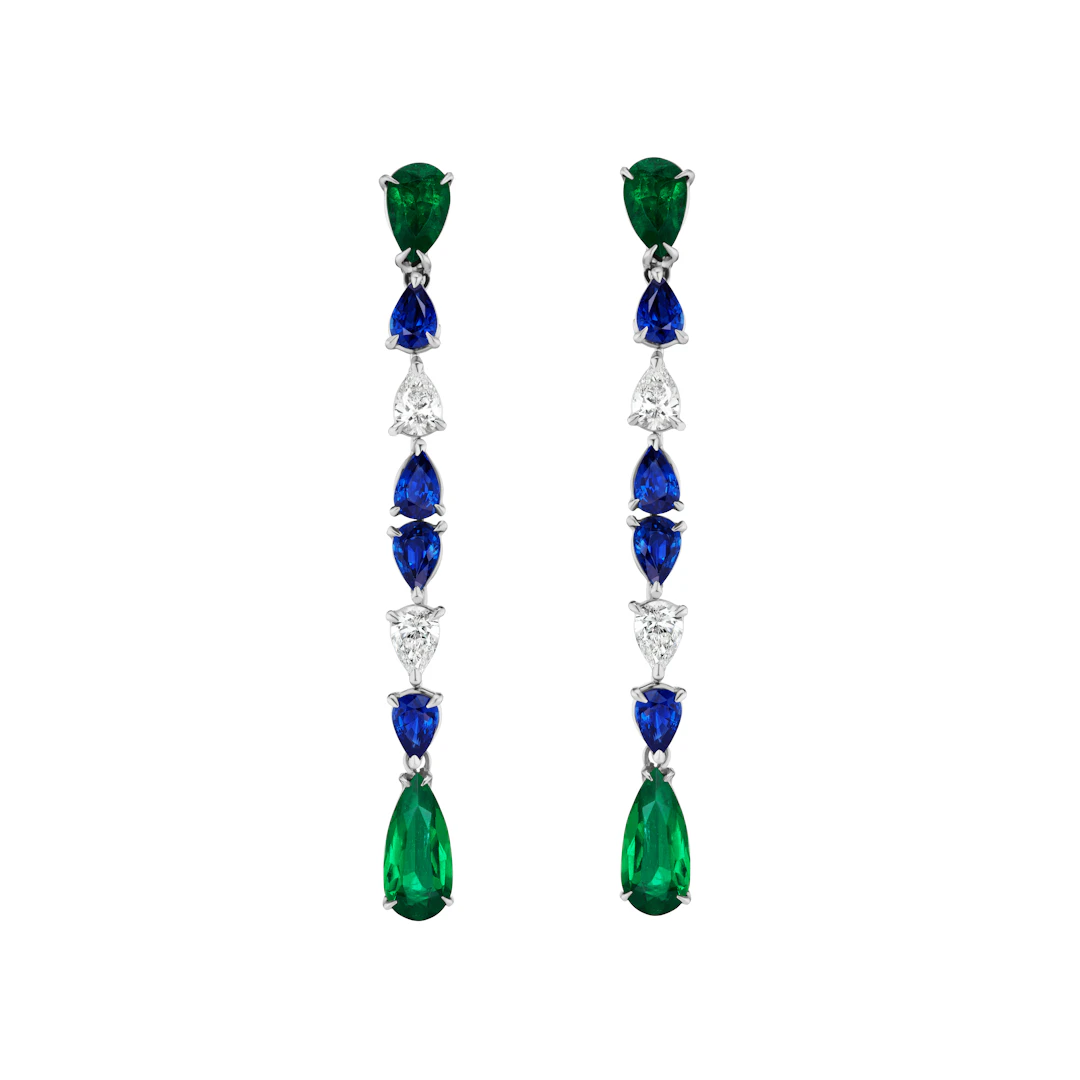 White Gold, Colombian Emerald, Sapphire and Diamond Drop Earrings