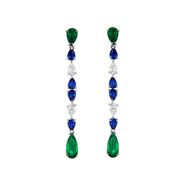 White Gold, Colombian Emerald, Sapphire and Diamond Drop Earrings