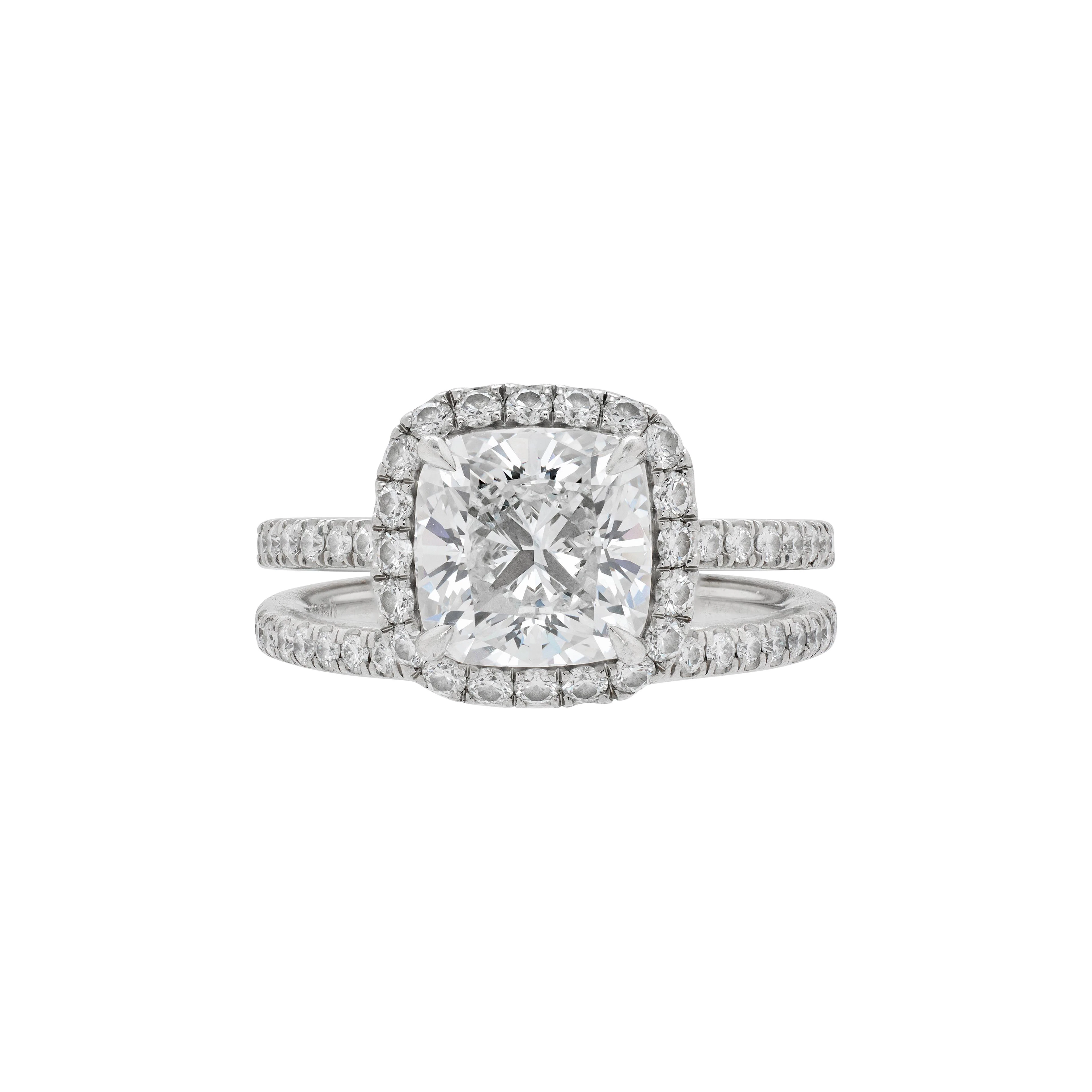 Platinum, 1.85ct Cushion Cut Diamond and Diamond Engagement Ring and