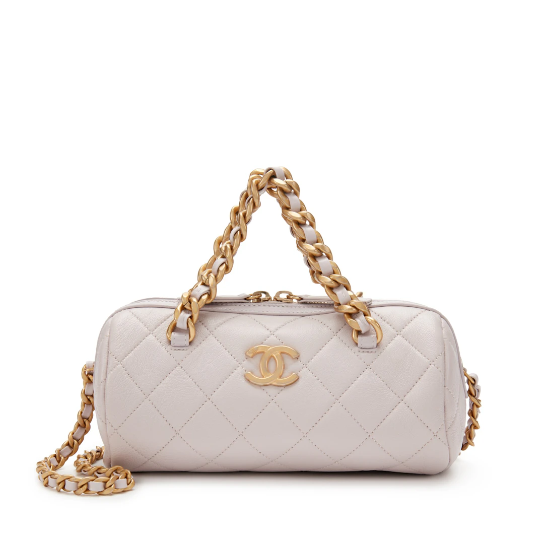 Lilac Quilted Shiny Lambskin Small Fashion Therapy Bowling Bag Gold