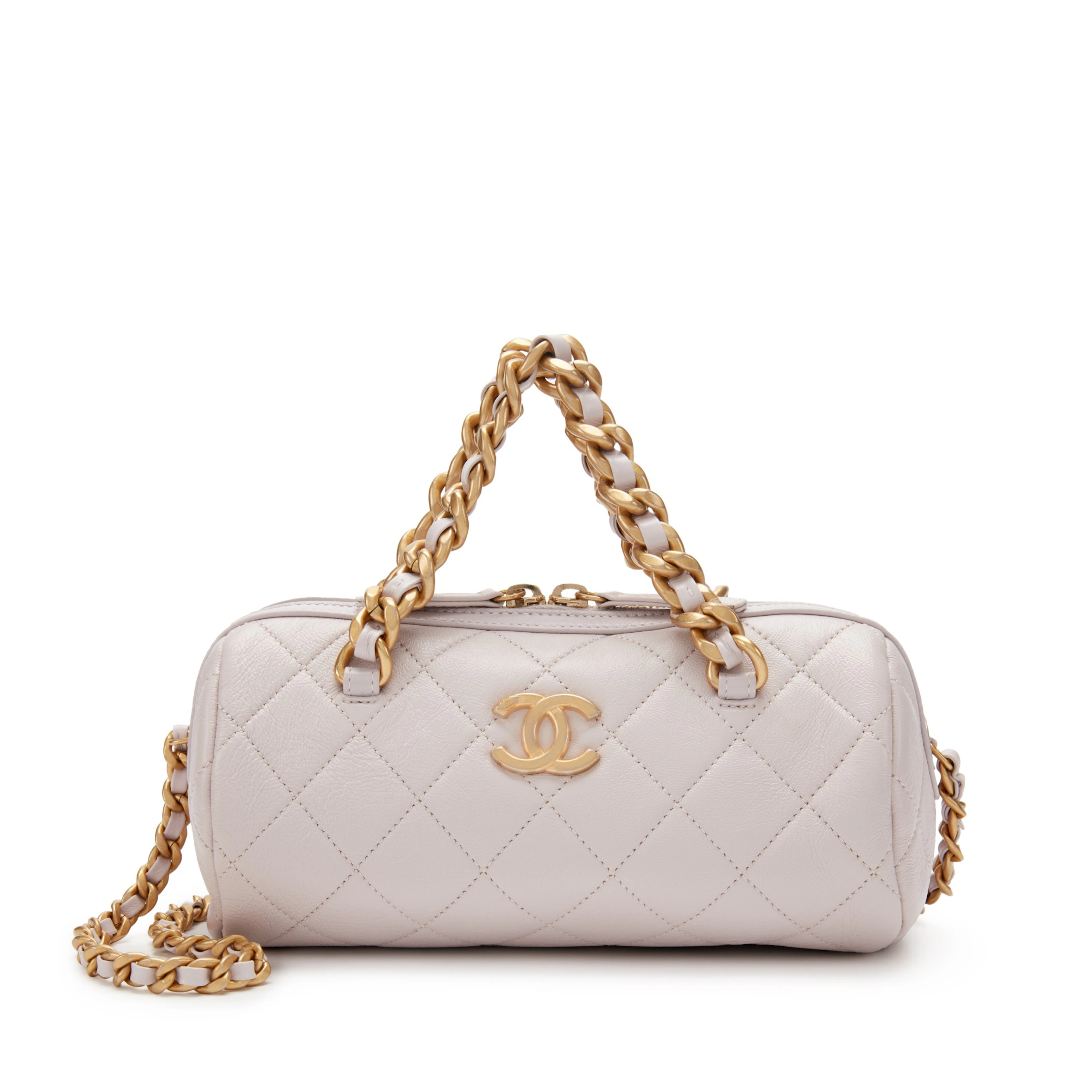 Lilac Quilted Shiny Lambskin Small Fashion Therapy Bowling Bag Gold