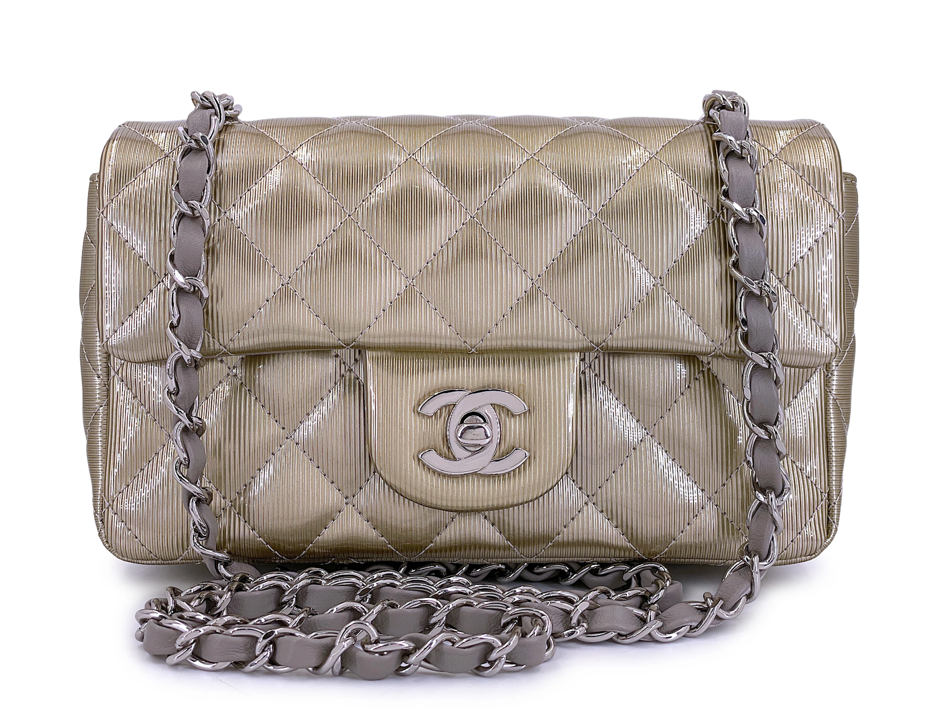 Pewter Textured Patent Rectangular Mini Flap Bag Ruthenium Hardware, 2012