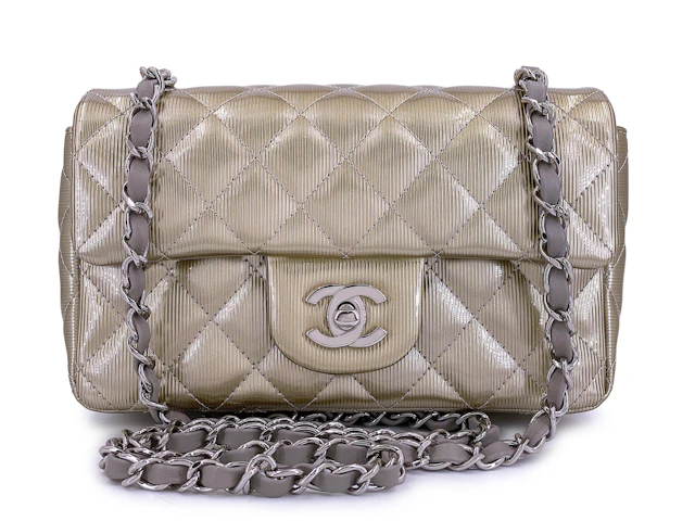 Pewter Textured Patent Rectangular Mini Flap Bag Ruthenium Hardware, 2012
