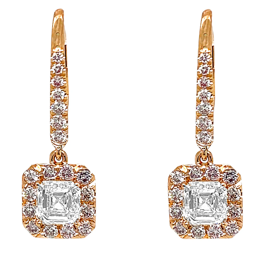 Rose Gold, 2.02ct Emerald Cut Diamond and Pink Diamond Drop Earrings