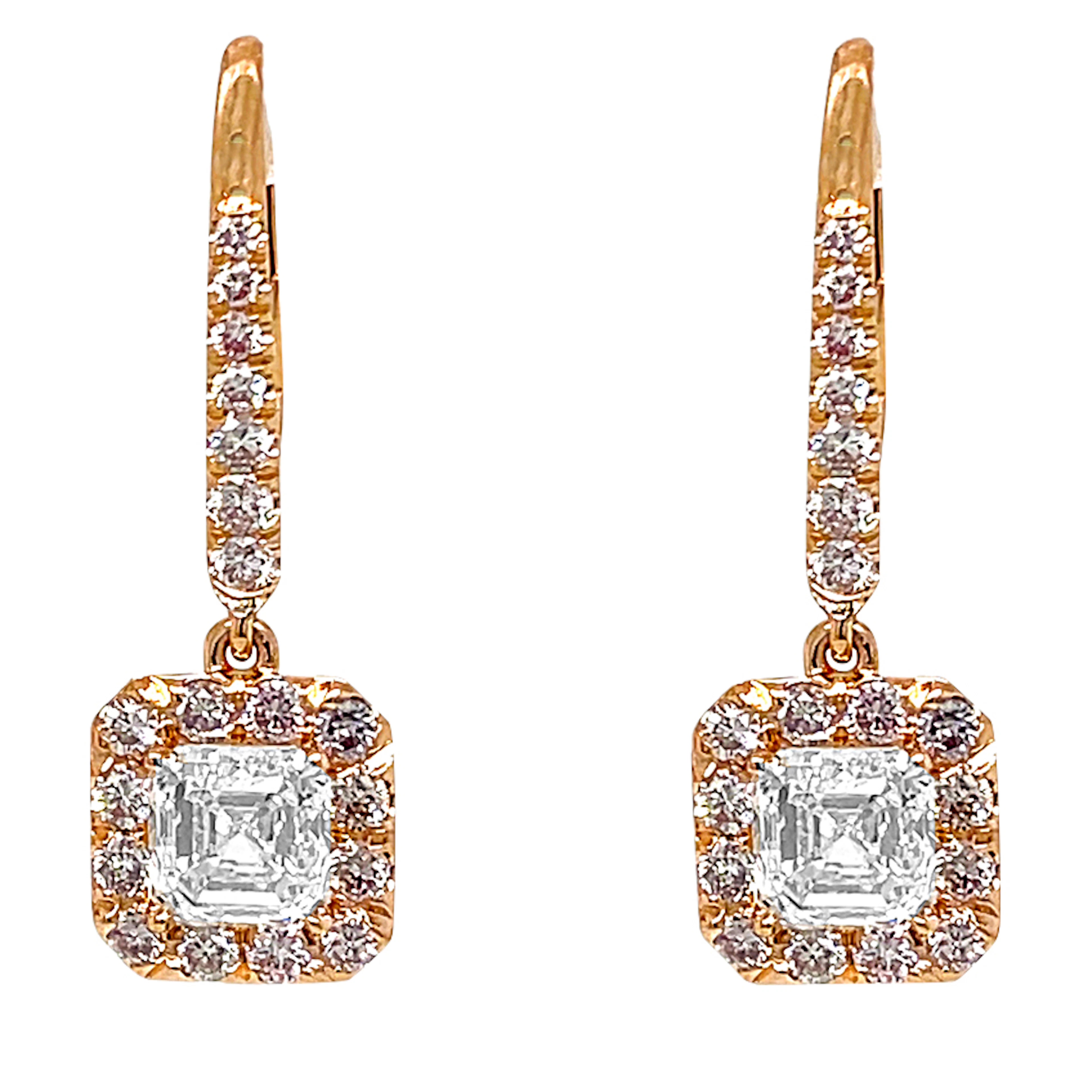 Rose Gold, 2.02ct Emerald Cut Diamond and Pink Diamond Drop Earrings