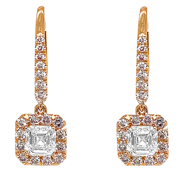Rose Gold, 2.02ct Emerald Cut Diamond and Pink Diamond Drop Earrings