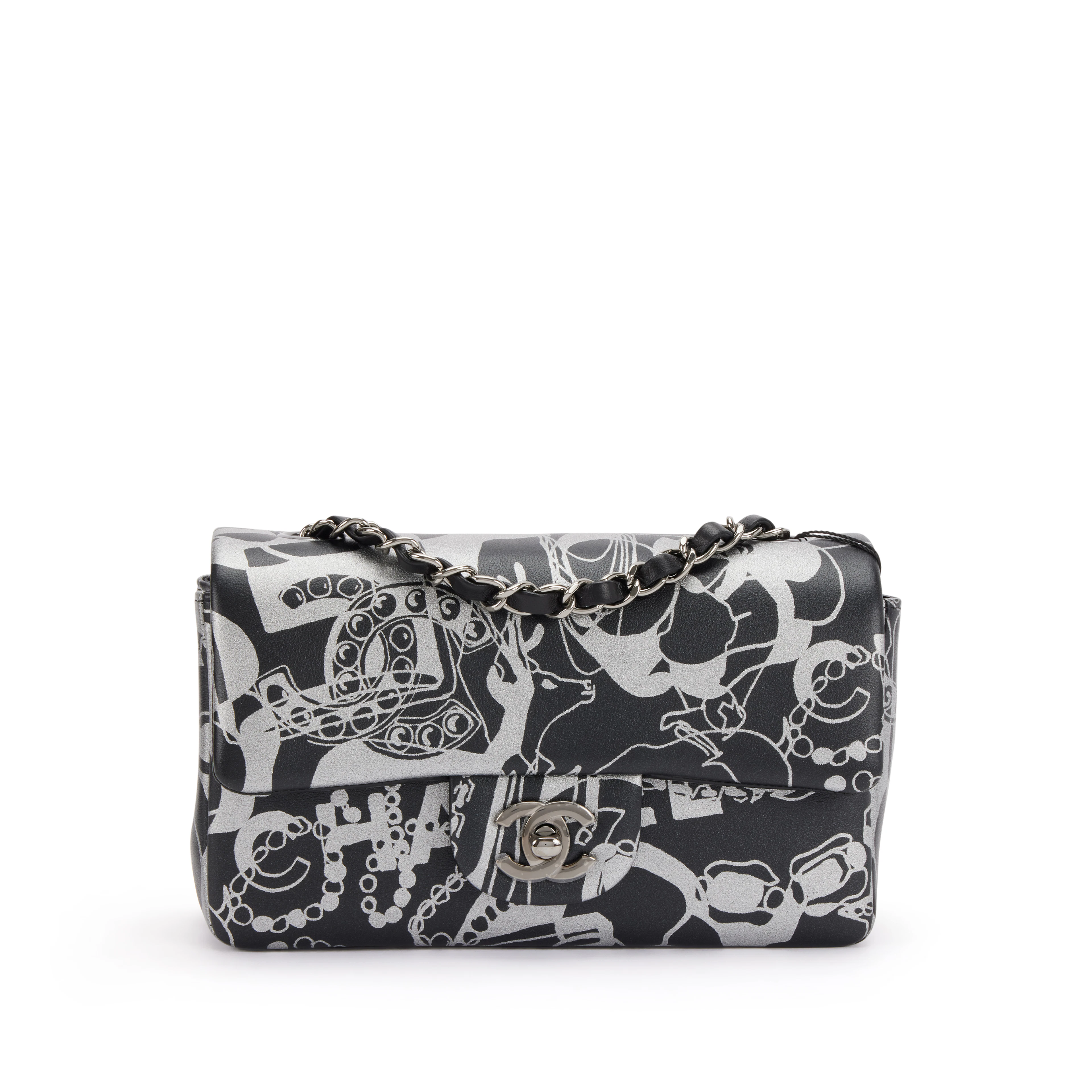 Black and Silver Printed Lambskin Mini Rectangular Flap Bag Dark Silver