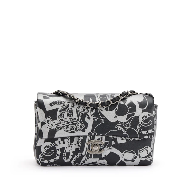 Black and Silver Printed Lambskin Mini Rectangular Flap Bag Dark Silver