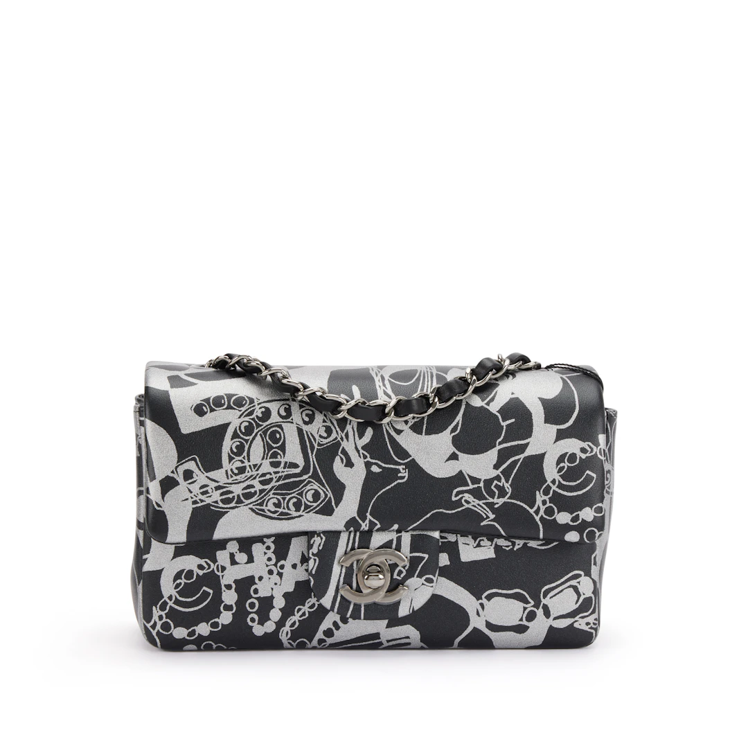 Black and Silver Printed Lambskin Mini Rectangular Flap Bag Dark Silver