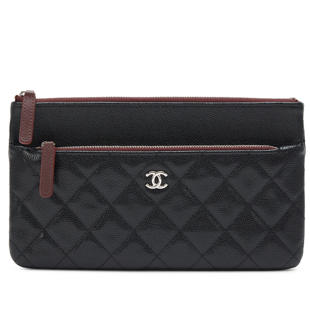 Black Quilted Caviar Double Zip Cosmetic Case Pouch Silver Hardware, 2020