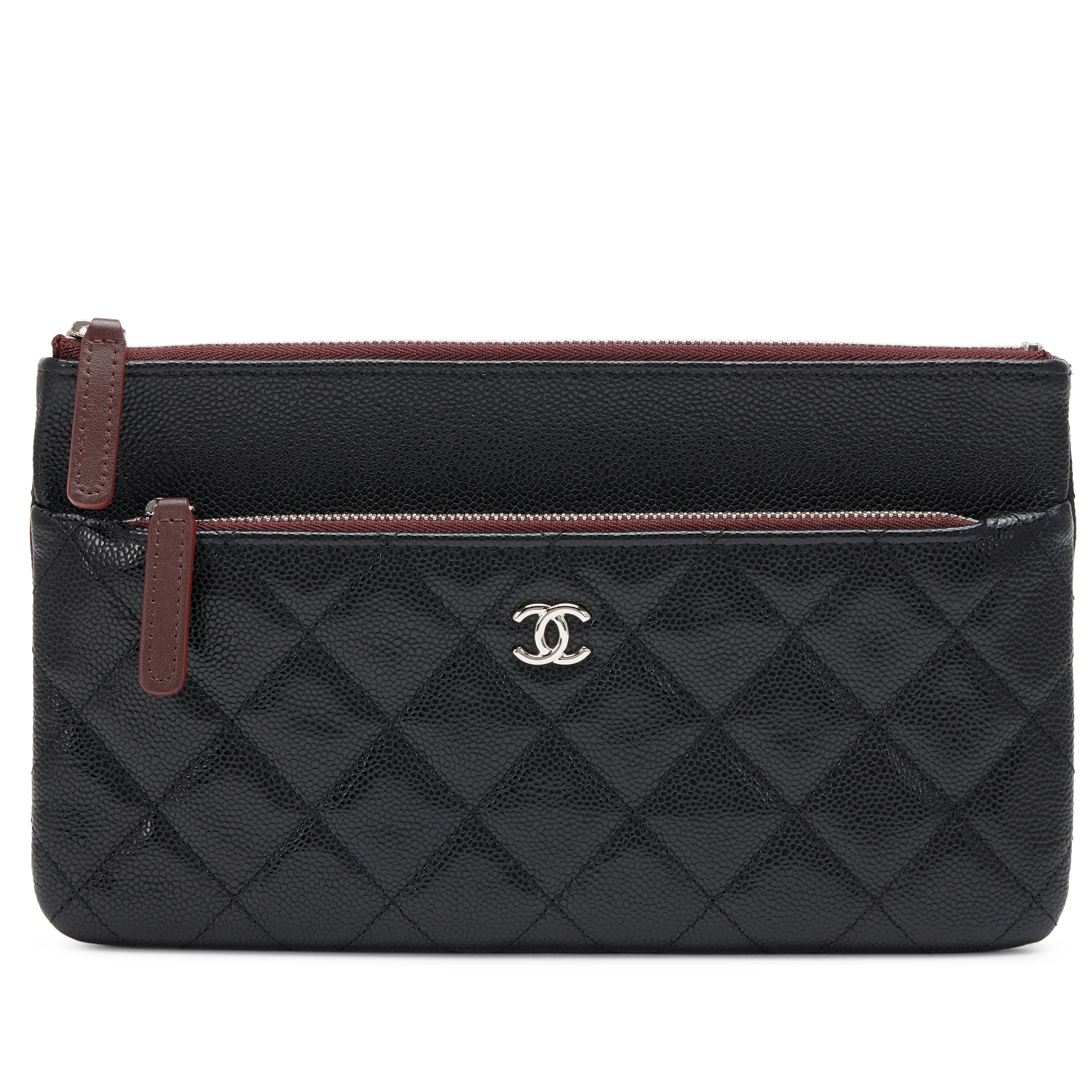 Black Quilted Caviar Double Zip Cosmetic Case Pouch Silver Hardware, 2020
