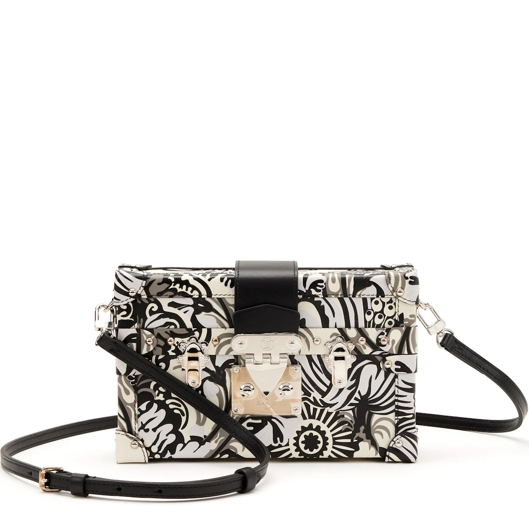 Black and White Floral Printed Embossed Calfskin Petite Malle Silver