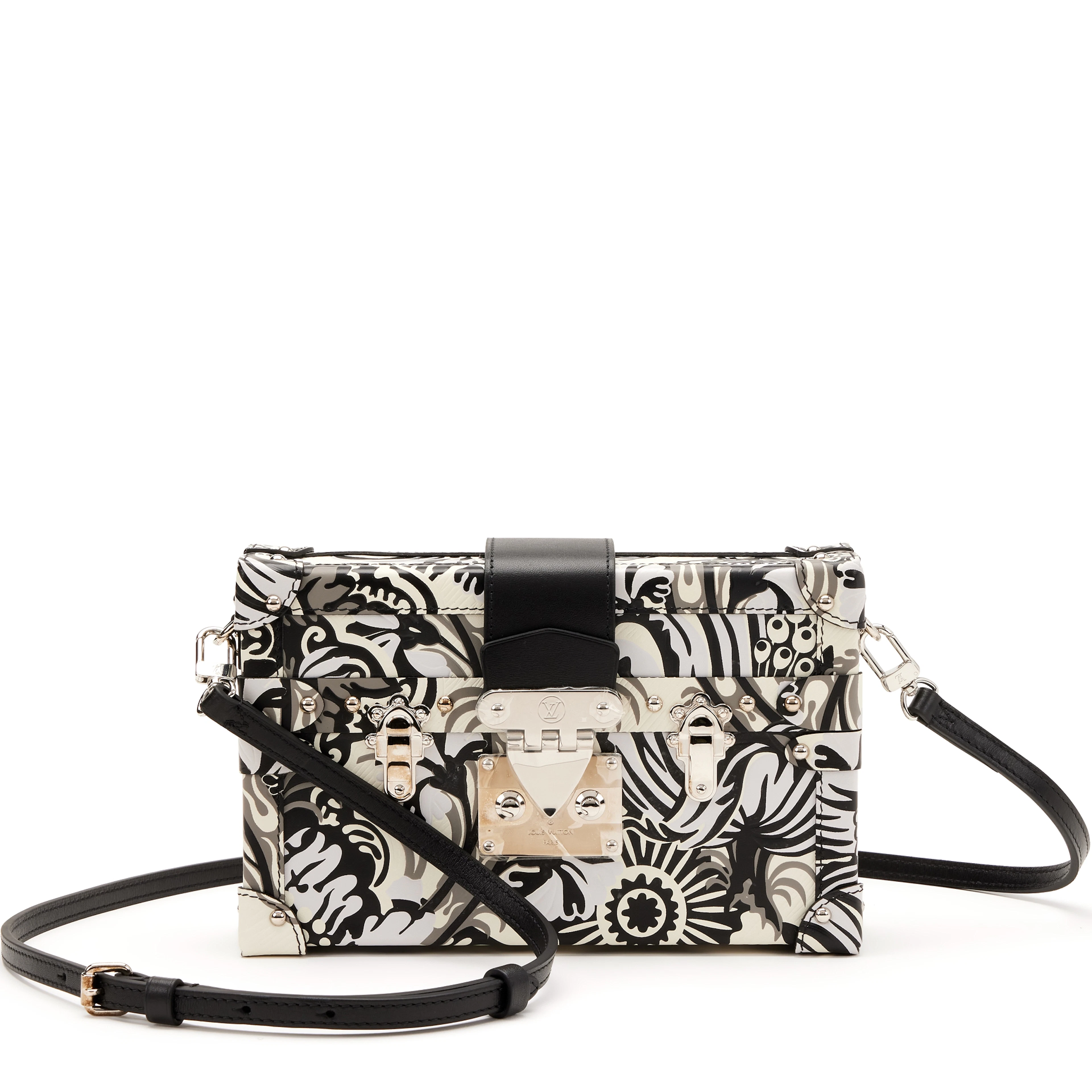 Black and White Floral Printed Embossed Calfskin Petite Malle Silver