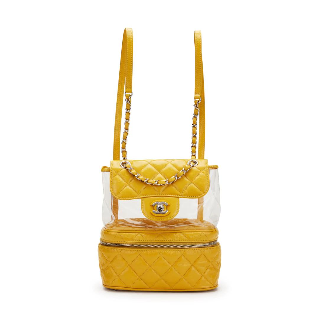 Yellow Quilted Aged Calfskin Leather & PVC Aquarium Backpack Silver Hardware