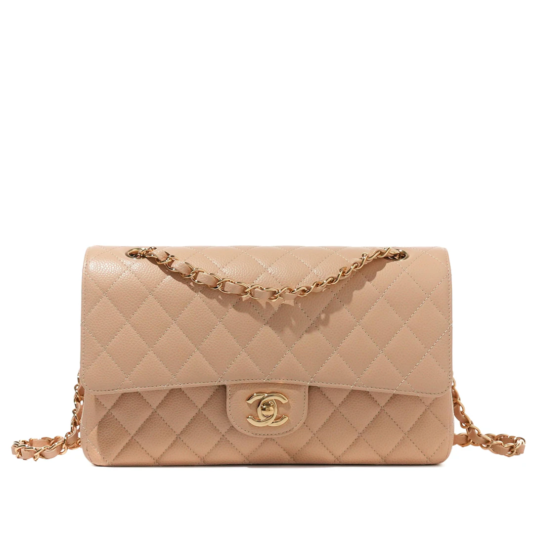 Beige Quilted Caviar Classic Timeless Double Flap Gold Hardware, 2021