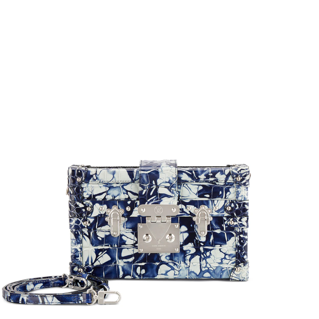 Blue and White Shiny Alligator Petite Malle Silver Hardware