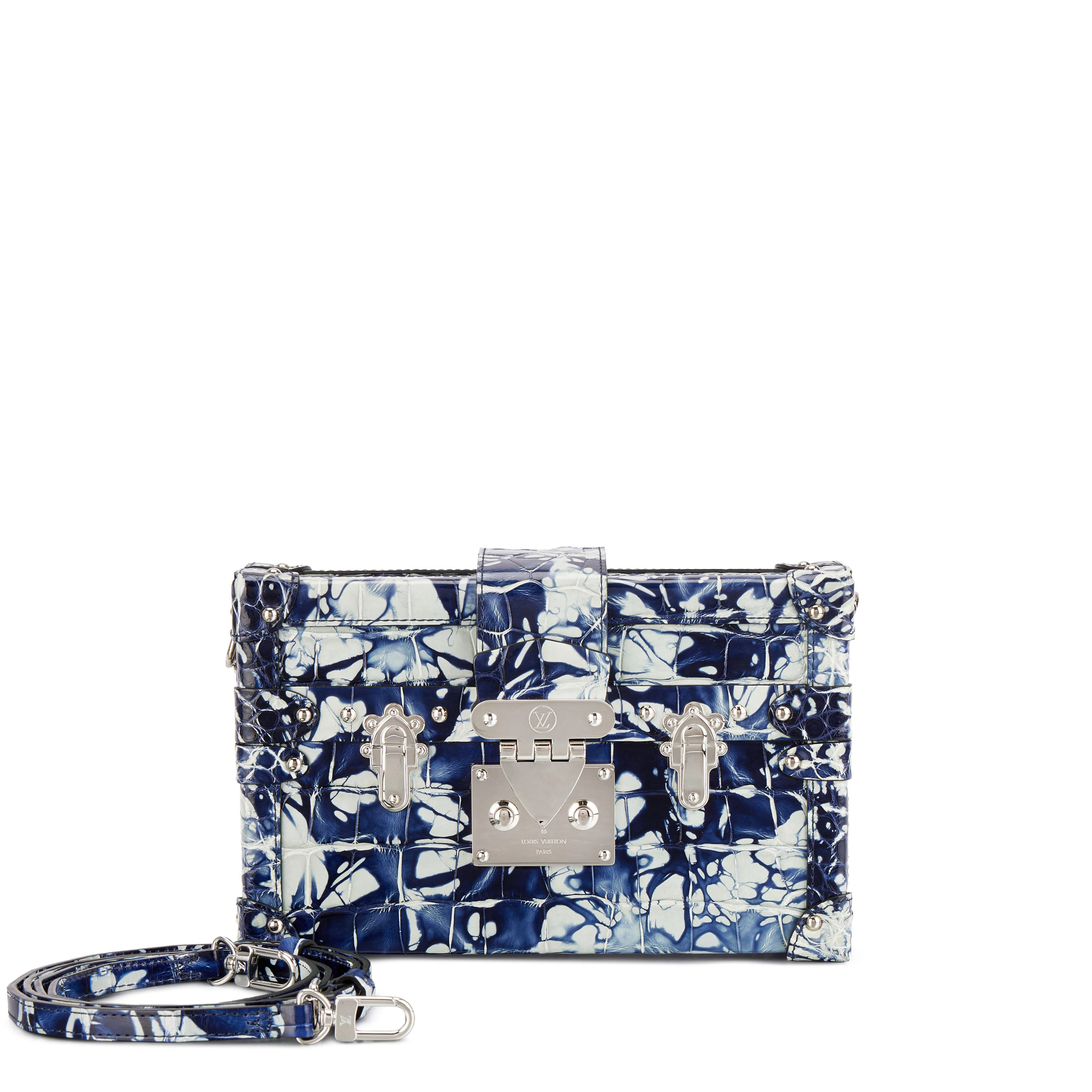 Blue and White Shiny Alligator Petite Malle Silver Hardware