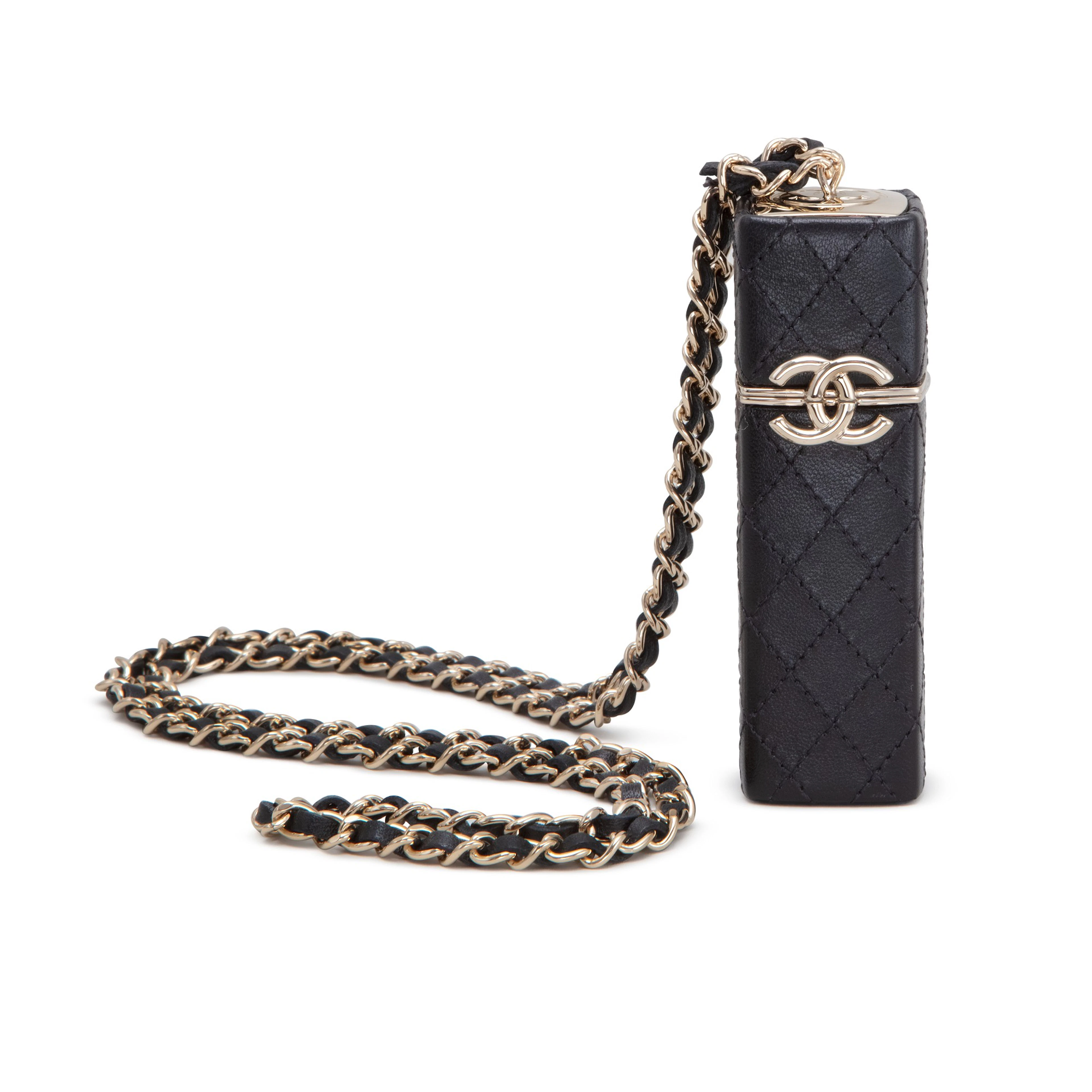 Black Quilted Lambskin Lipstick Case Gold Hardware, 2021