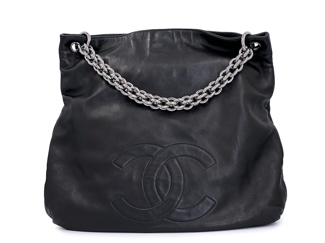 Black Lambskin Chunky Soft and Chain Hobo Tote Bag Ruthenium Hardware, 2007