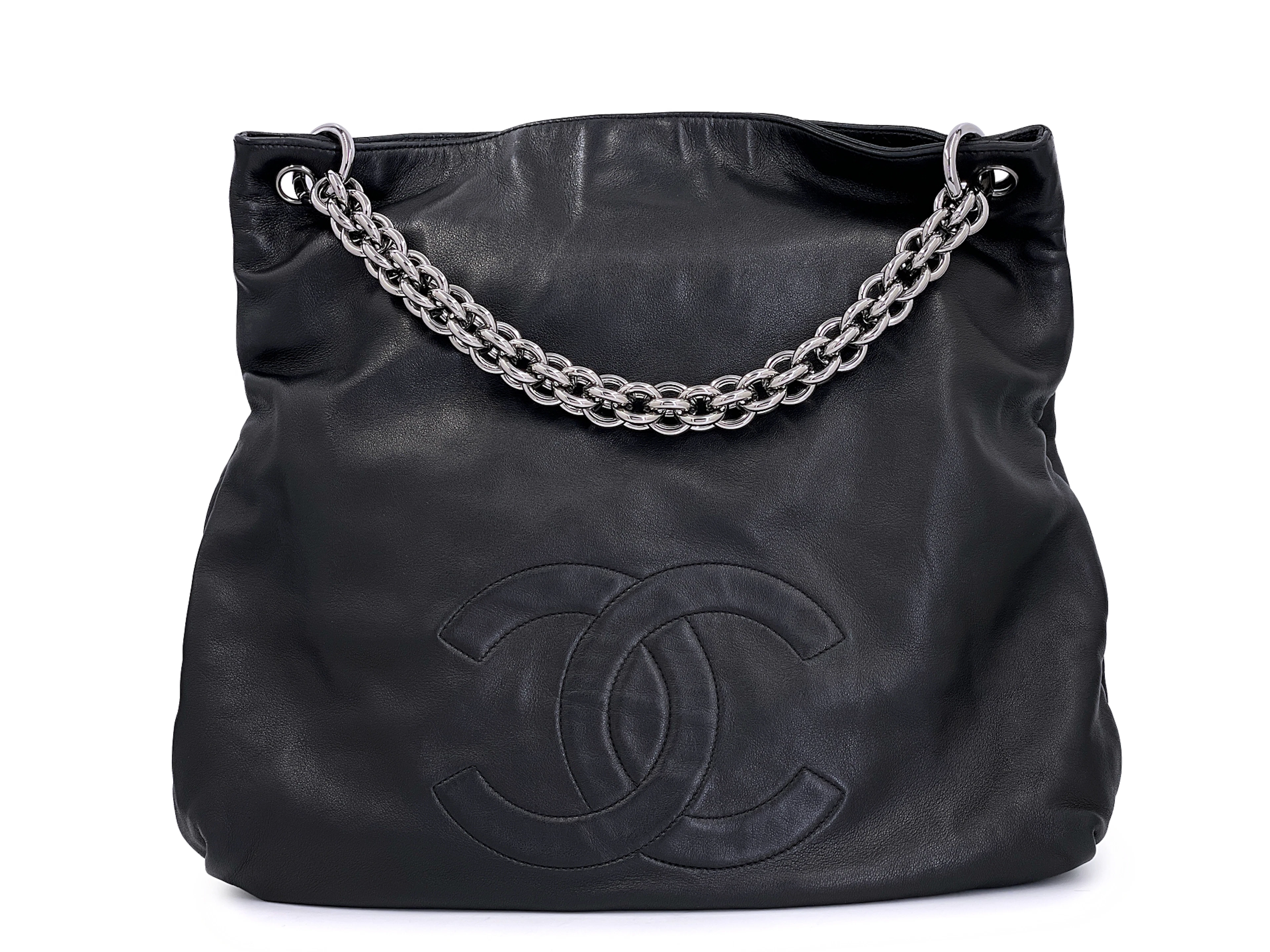 Black Lambskin Chunky Soft and Chain Hobo Tote Bag Ruthenium Hardware, 2007