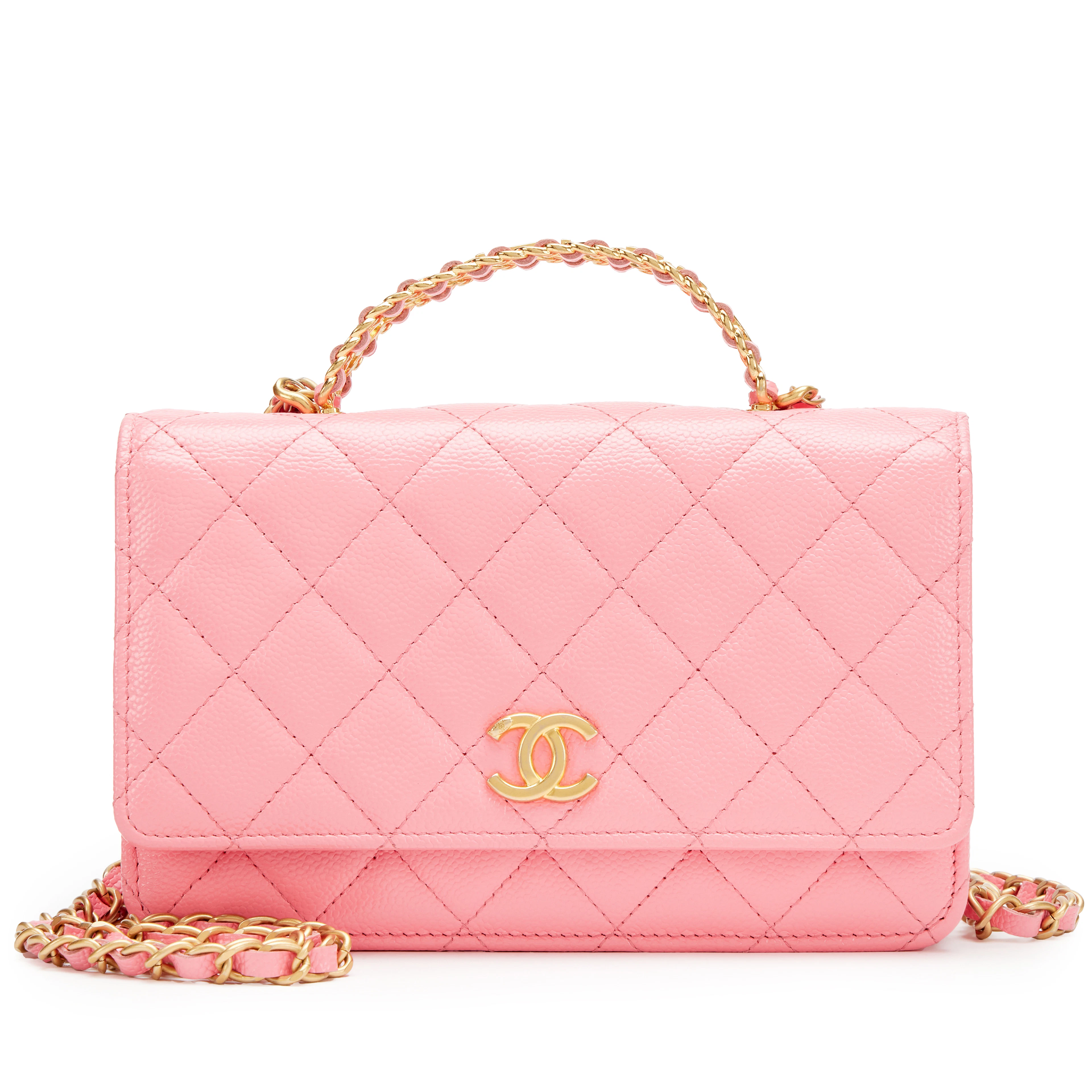 Pink Quilted Caviar Pick Me Up Letter Top Handle Wallet On Chain WOC