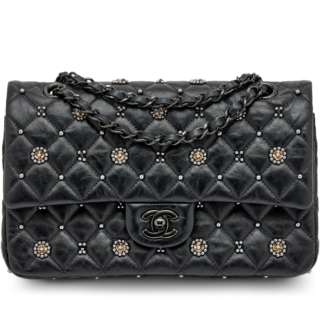 Black Quilted Crumpled Calfsksin Bejewelled Beaded Embellished Medium