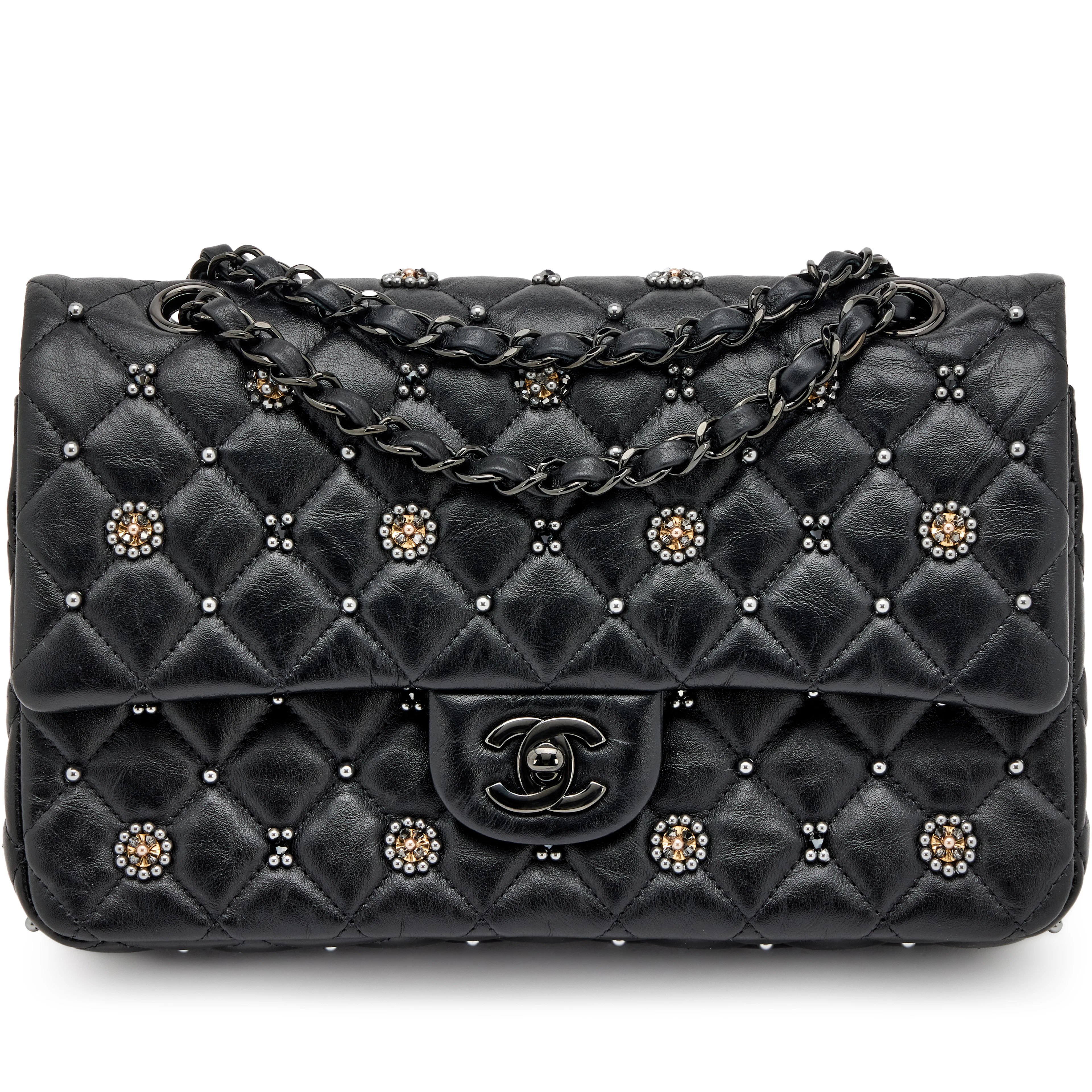 Black Quilted Crumpled Calfsksin Bejewelled Beaded Embellished Medium