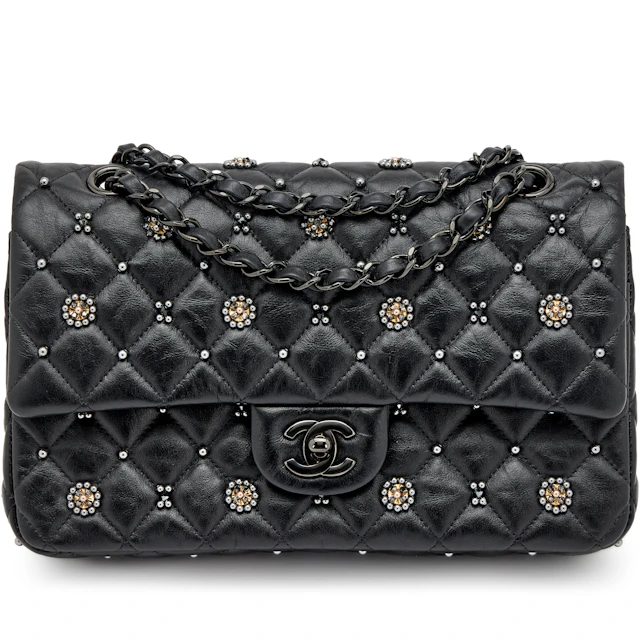Black Quilted Crumpled Calfsksin Bejewelled Beaded Embellished Medium