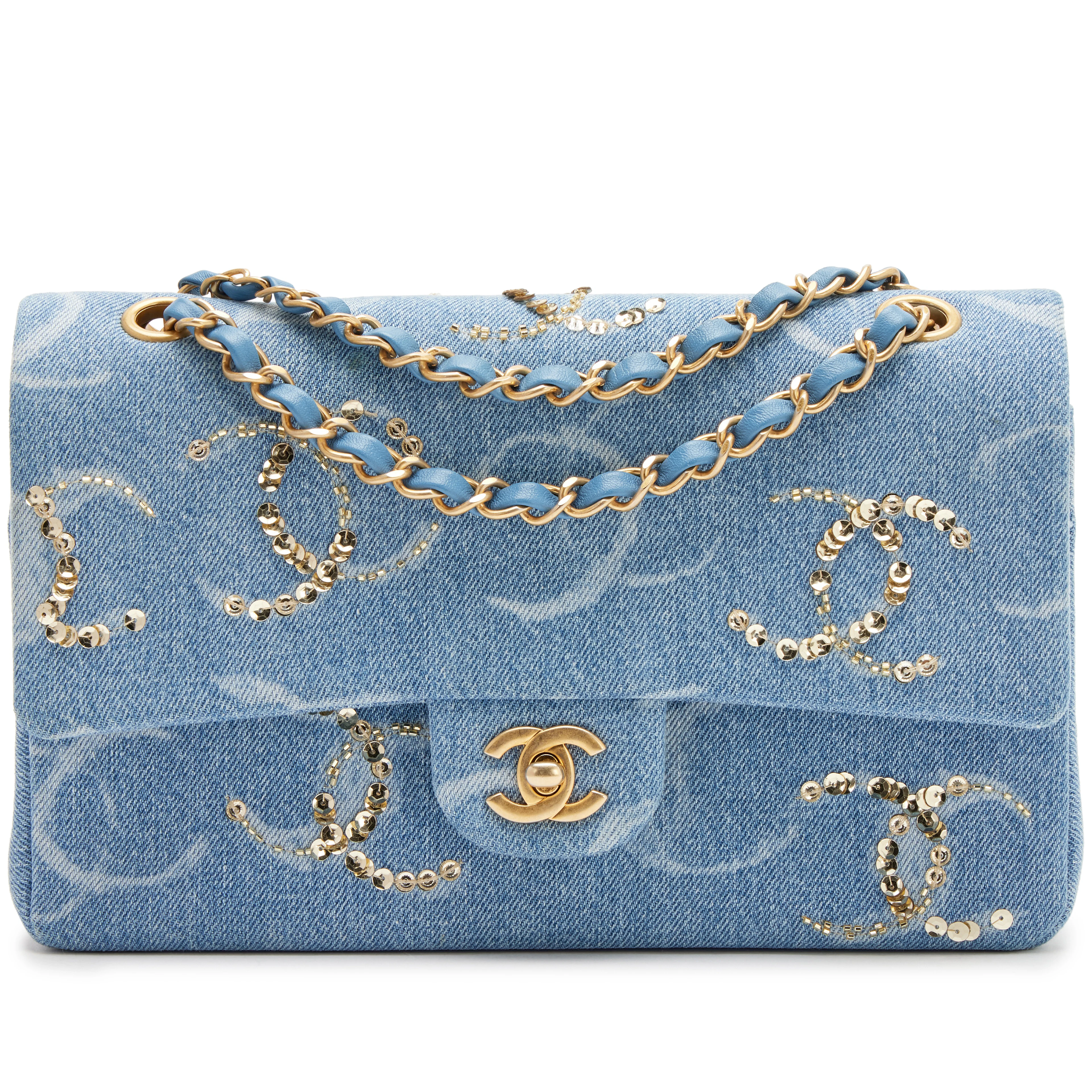 Blue Denim Sequin CC Printed Medium Classic Double Flap Bag Aged Gold