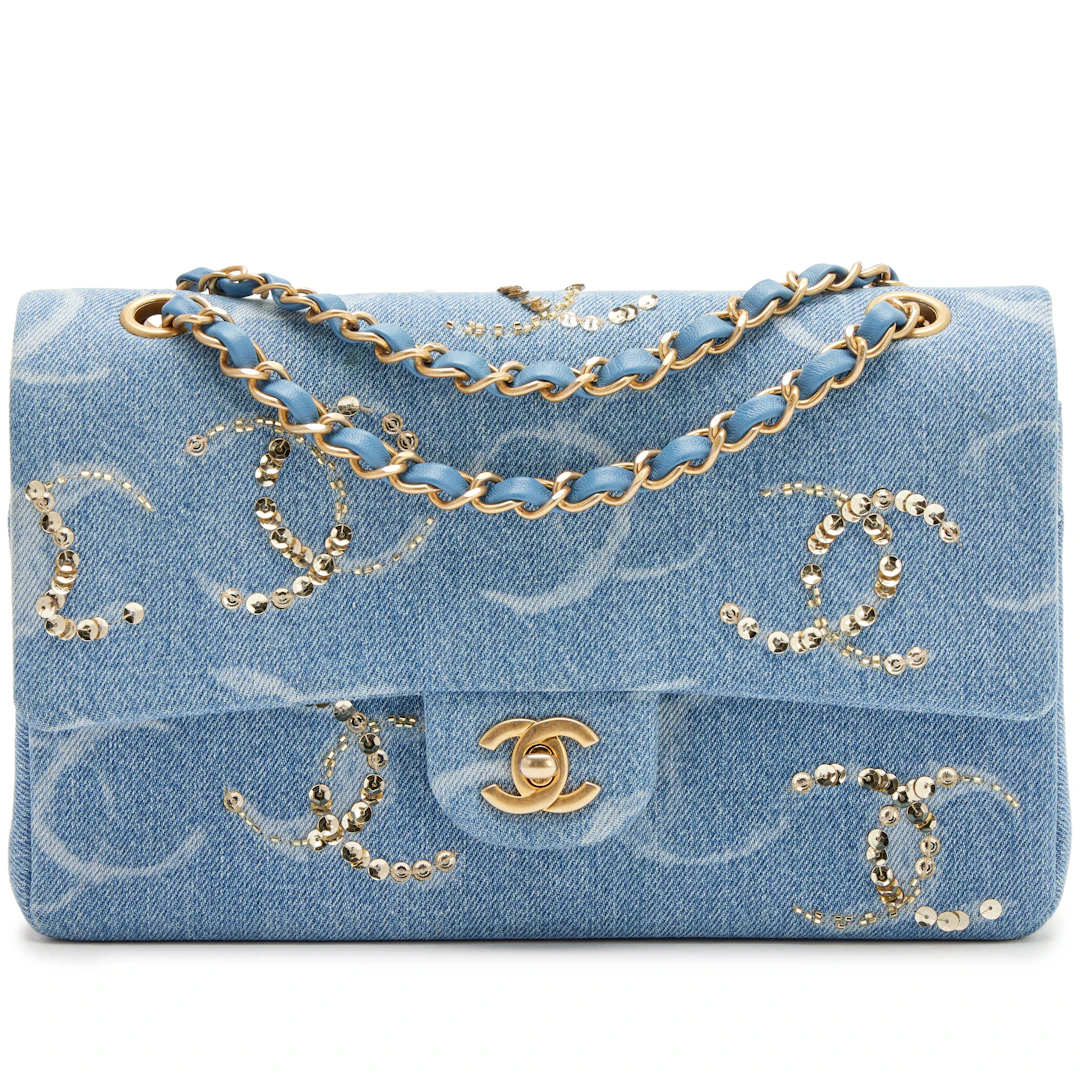 Blue Denim Sequin CC Printed Medium Classic Double Flap Bag Aged Gold