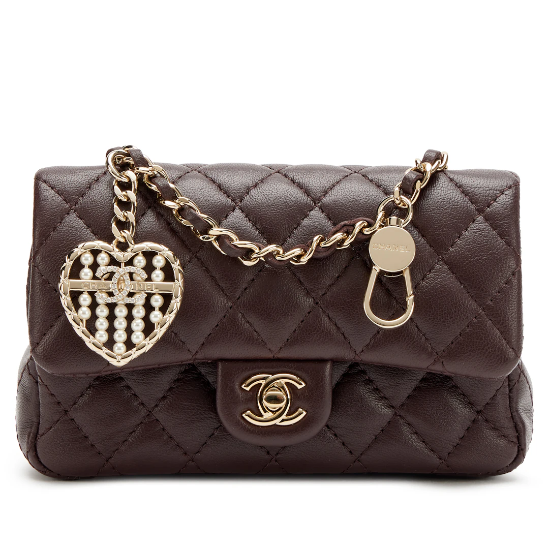 Dark Brown Quilted Lambskin Nano Classic Double Flap Bag Charm Light