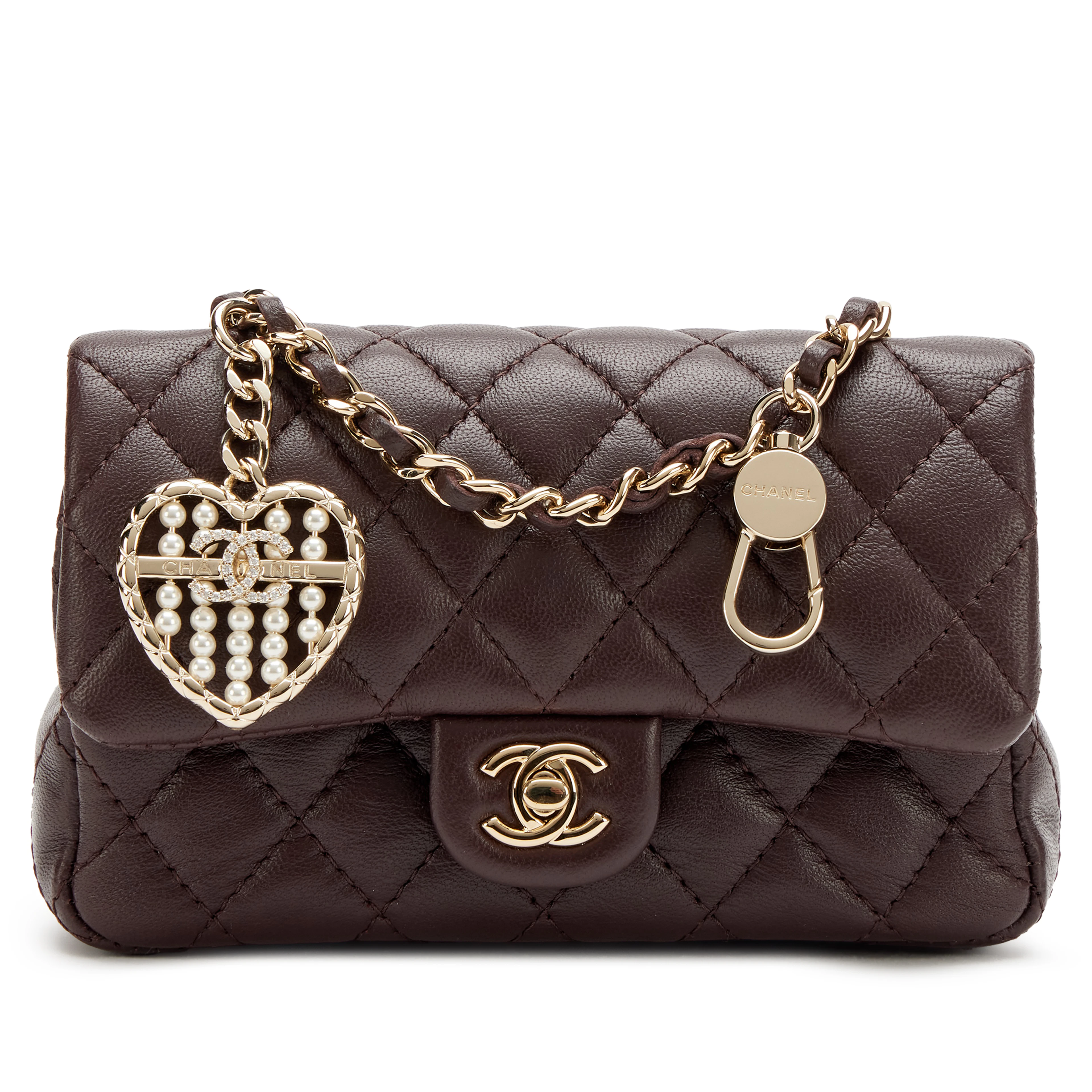Dark Brown Quilted Lambskin Nano Classic Double Flap Bag Charm Light