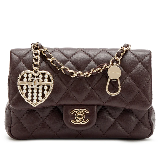 Dark Brown Quilted Lambskin Nano Classic Double Flap Bag Charm Light