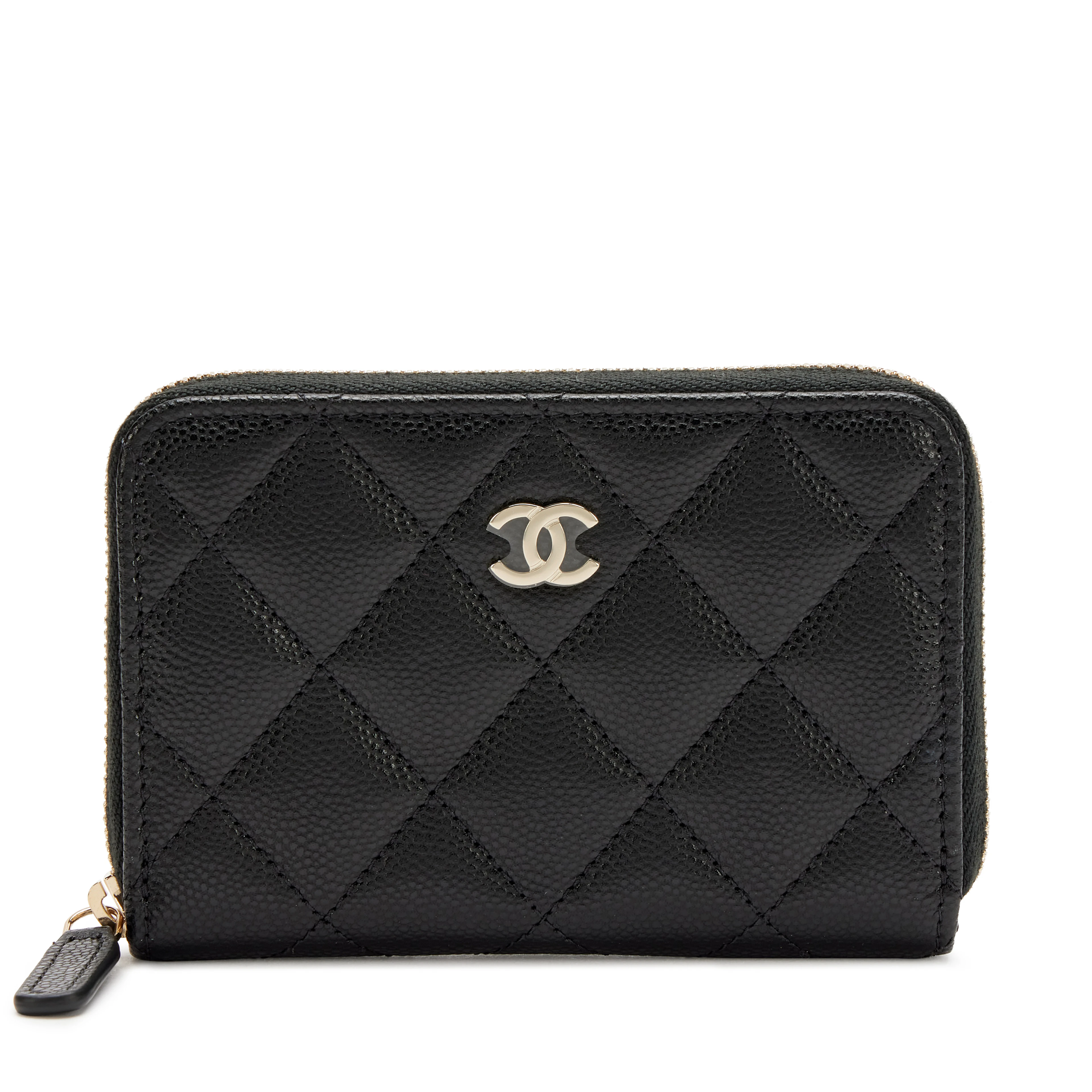 Black Quilted Caviar Zip Around Small/Medium Card Holder Coin Wallet