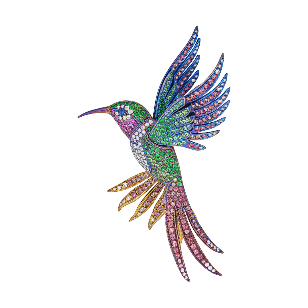 Titanium, Gold, Multicolor Sapphire and Diamond Humming Bird Brooch