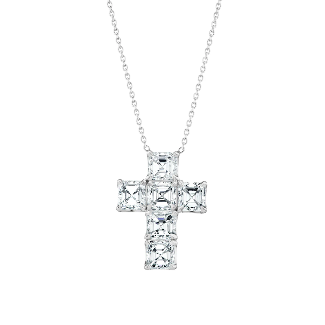 Platinum and 4.54ctw Asscher Cut Diamond Cross Pendant Necklace