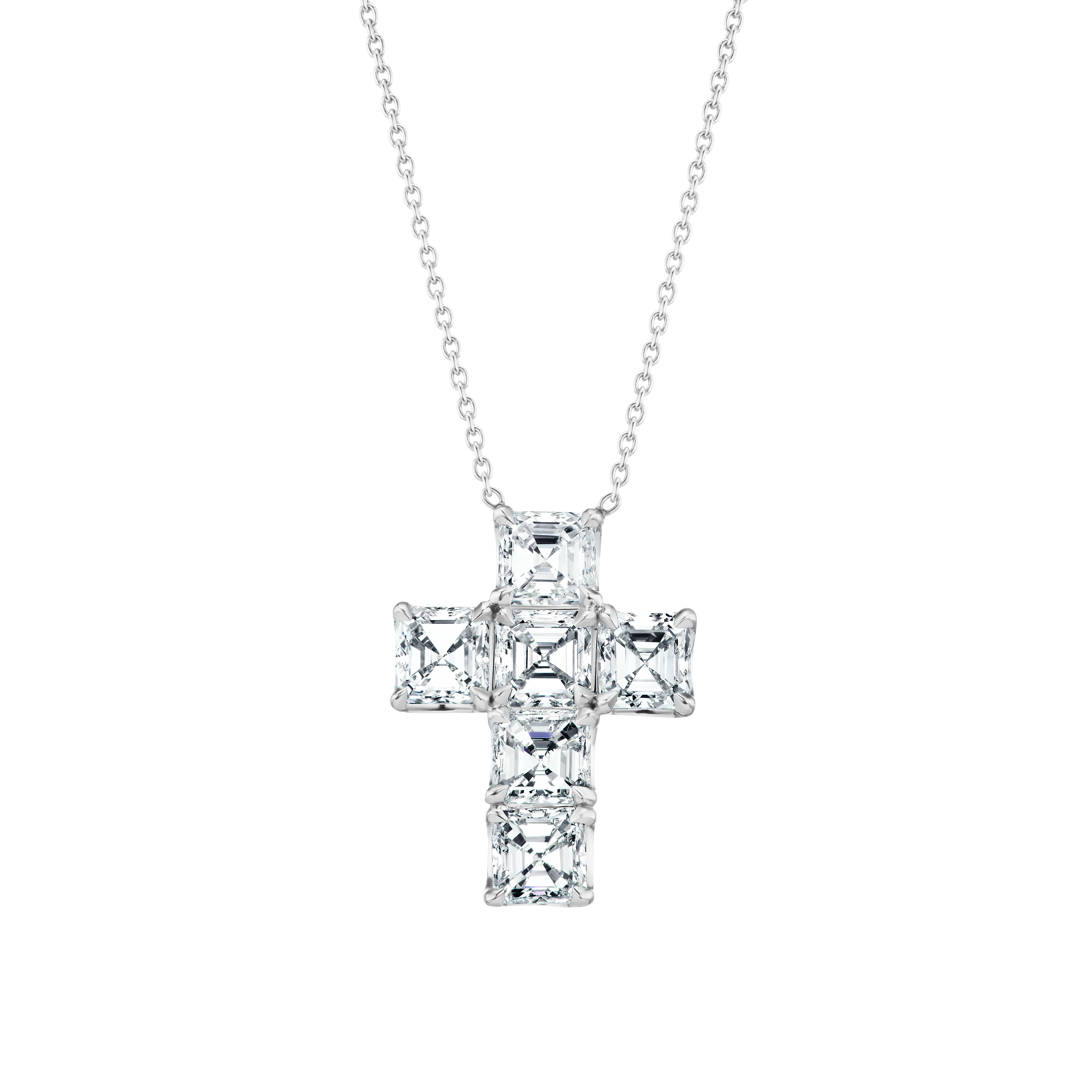 Platinum and 4.54ctw Asscher Cut Diamond Cross Pendant Necklace