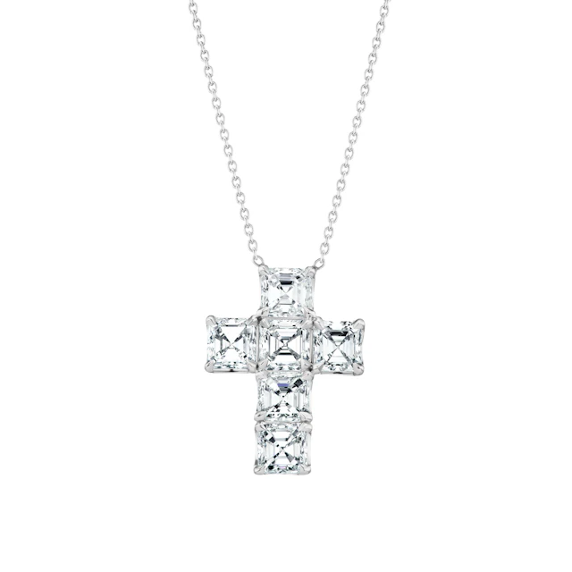 Platinum and 4.54ctw Asscher Cut Diamond Cross Pendant Necklace