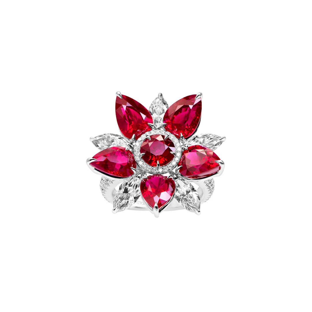 Platinum, 10.54ct Burmese Ruby and Diamond Flower Ring