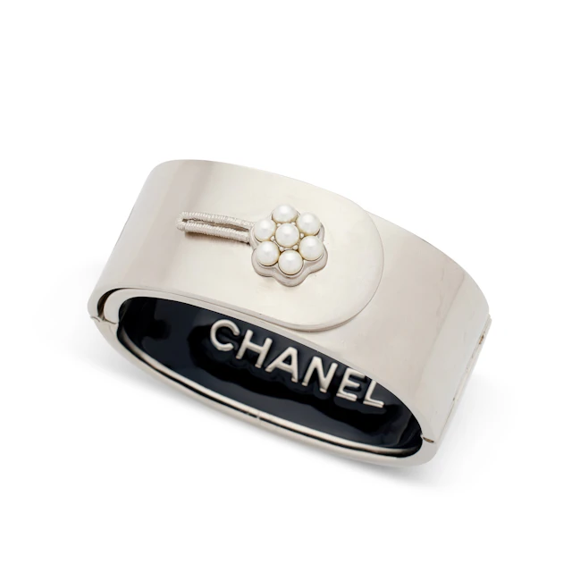 Silver Metal and Faux Pearl Hinged Bangle, 2015