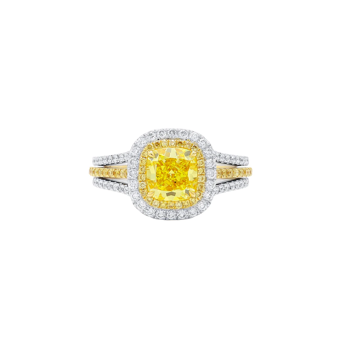 White Gold, Gold, 1.53ct Cushion Cut Fancy Vivid Yellow Diamond, Yellow