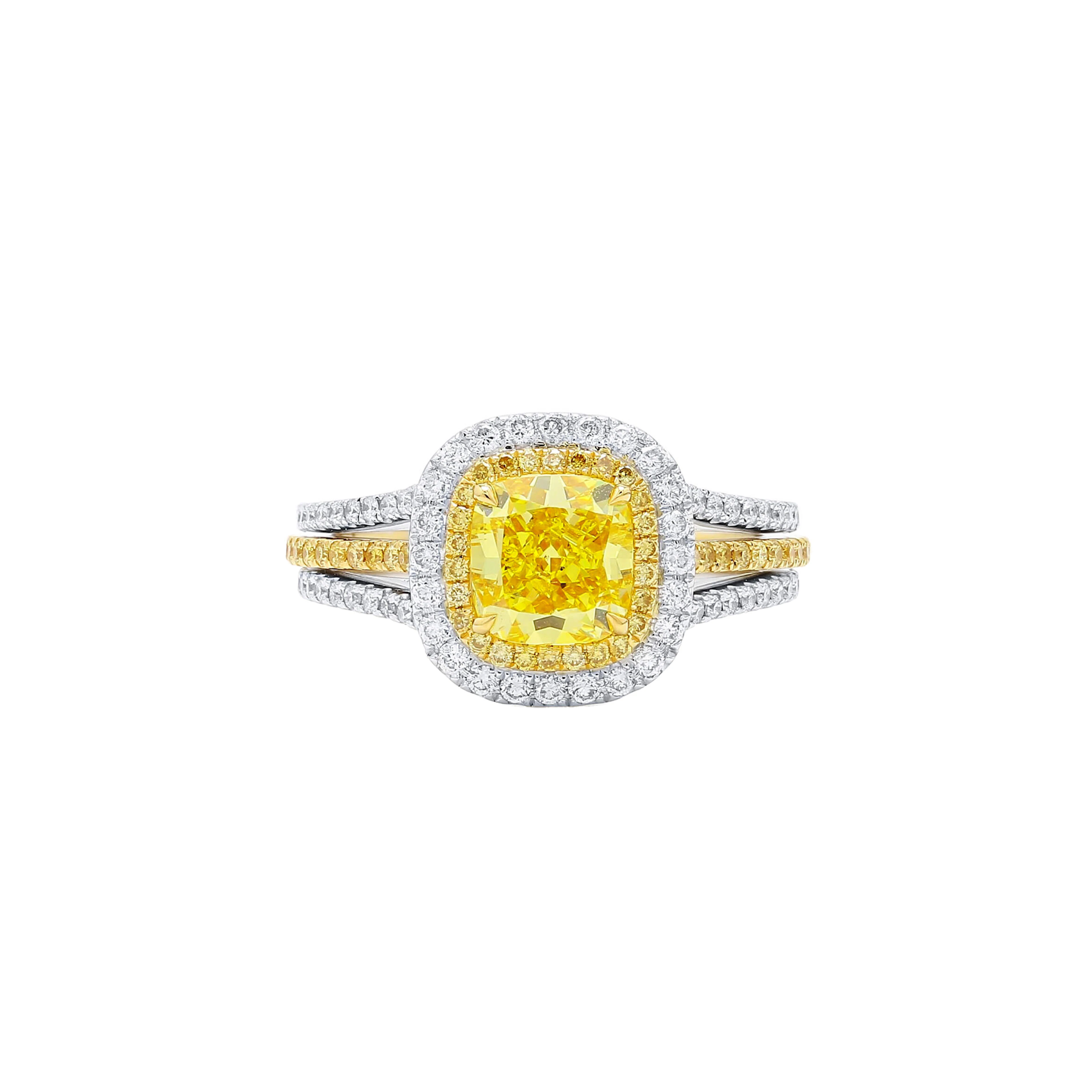 White Gold, Gold, 1.53ct Cushion Cut Fancy Vivid Yellow Diamond, Yellow