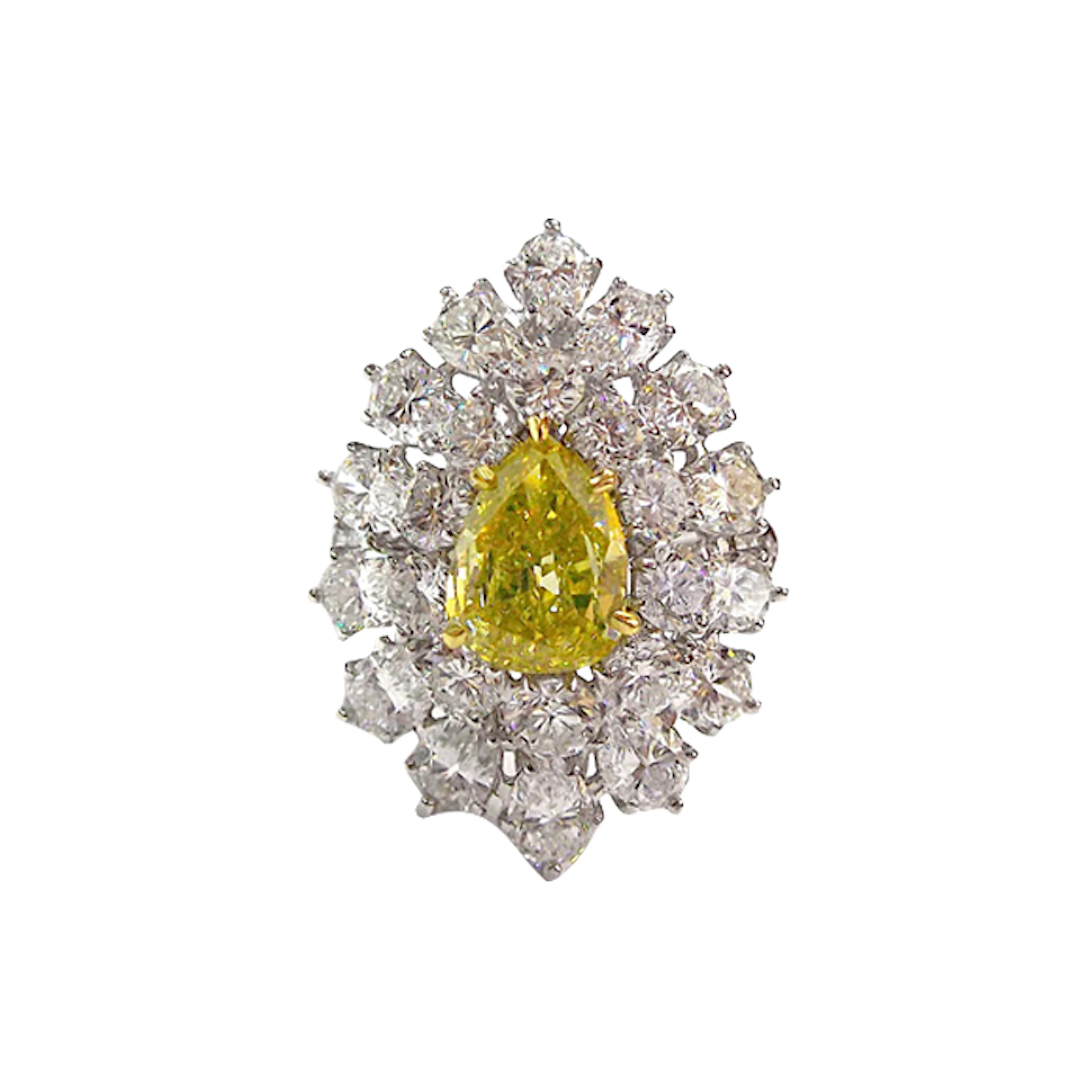 Platinum, 1.36ct Pear Shape Fancy Intense Yellow Diamond and Diamond Ring