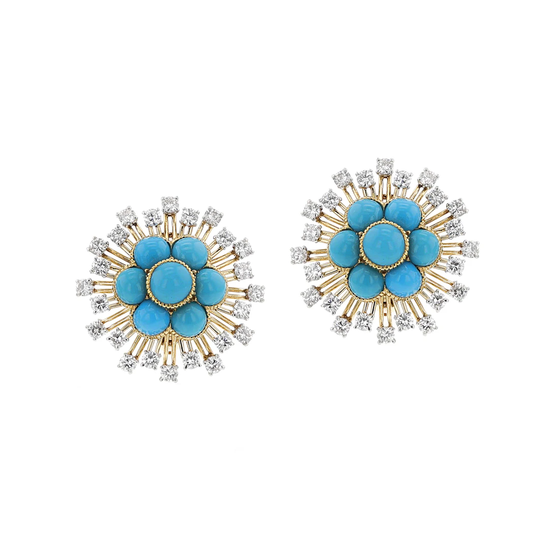 Vintage Gold, Platinum, Turquoise and Diamond Earclips