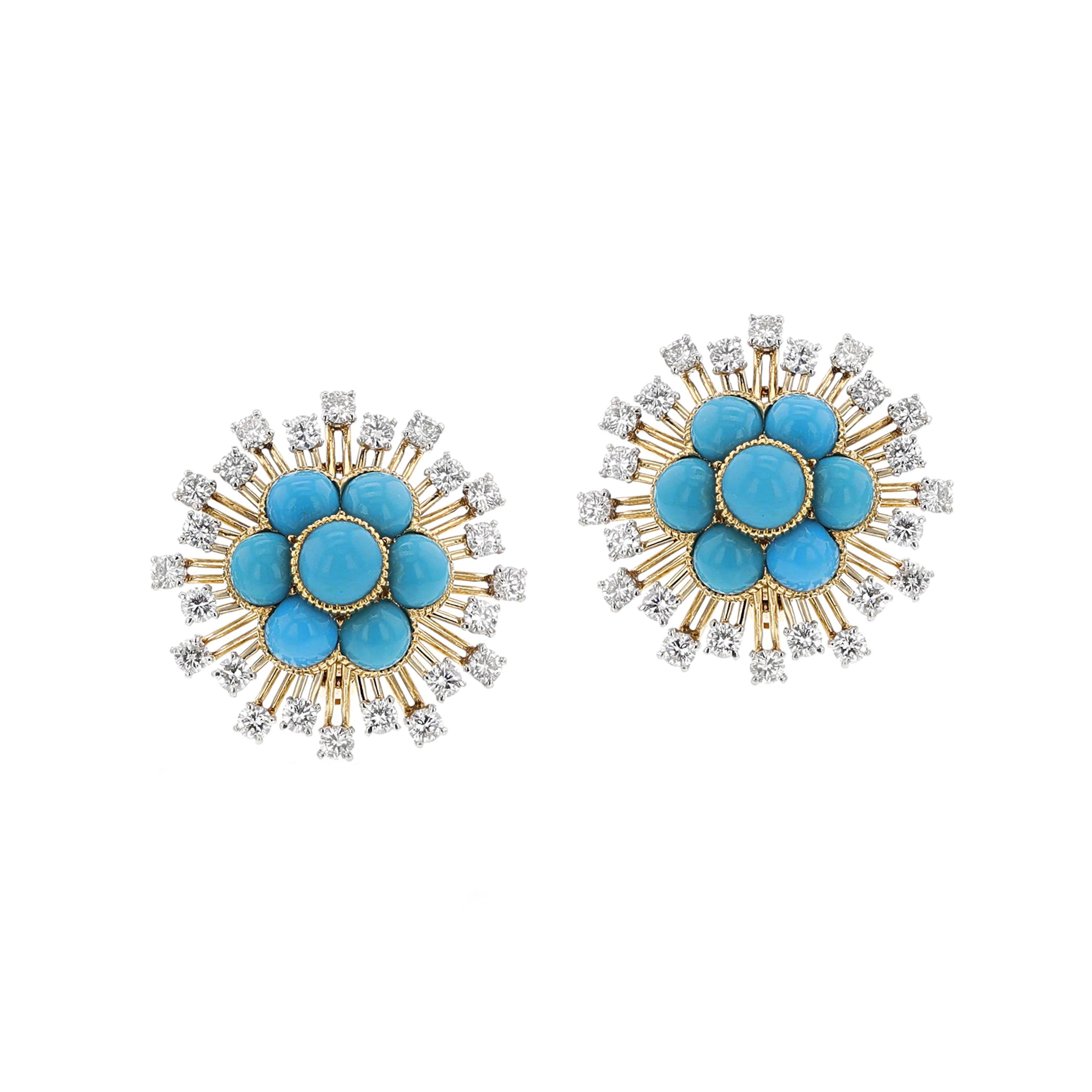 Vintage Gold, Platinum, Turquoise and Diamond Earclips